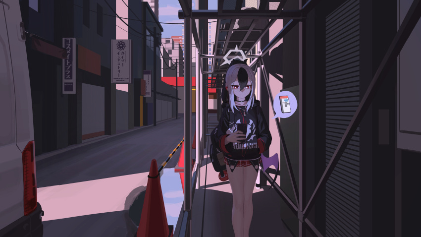 1girl absurdres backpack bag bare_legs black_bag black_choker black_hair black_hoodie blue_archive cellphone choker closed_mouth demon_wings earphones feet_out_of_frame ground_vehicle hair_between_eyes halo hand_in_pocket highres holding holding_phone hood hood_down hoodie kayoko_(blue_archive) long_sleeves looking_down low_wings miniskirt motor_vehicle multicolored_hair outdoors phone plaid plaid_skirt ponytail red_eyes red_skirt road rui_(rei_leyi) single_wing skirt smartphone solo street traffic_cone two-tone_hair van white_hair wings