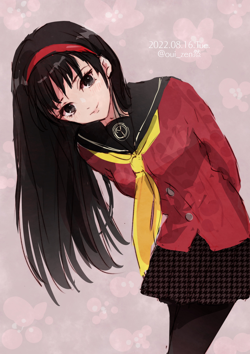 1girl 2022 absurdres amagi_yukiko arms_behind_back black_eyes black_hair black_pantyhose black_sailor_collar black_skirt cardigan closed_mouth dated hairband highres long_hair looking_at_viewer miniskirt neckerchief oui_zen pantyhose persona persona_4 pleated_skirt print_skirt red_cardigan red_hairband sailor_collar school_uniform shiny shiny_hair skirt smile solo twitter_username very_long_hair yasogami_school_uniform yellow_neckerchief