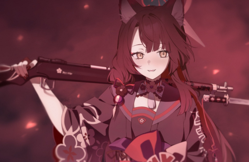1girl animal_ear_fluff animal_ears antique_firearm bangs bayonet blue_archive brown_hair fangs fox_ears fox_girl gun hakuhatsu halo highres holding holding_gun holding_weapon japanese_clothes kimono long_hair long_sleeves looking_at_viewer nail_polish obi open_mouth red_nails sailor_collar sash sidelocks slit_pupils smile solo swept_bangs upper_body wakamo_(blue_archive) weapon wide_sleeves yellow_eyes