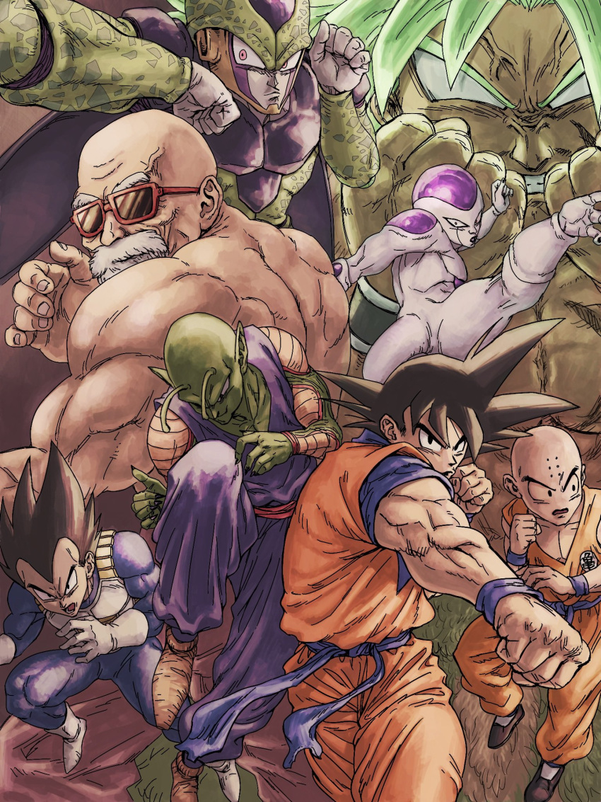 6+boys angry antennae bald beard biceps black_eyes black_hair broly_(dragon_ball_z) cell_(dragon_ball) collarbone colored_skin commentary_request dougi dragon_ball dragon_ball_z facial_hair frieza glaring gloves green_skin highres kuririn multiple_boys muscular muscular_male mustache muten_roushi nikuo old old_man open_mouth pectorals piccolo pointy_ears saiyan_armor serious son_goku spiky_hair sunglasses thick_eyebrows undershirt vegeta veins white_gloves wristband