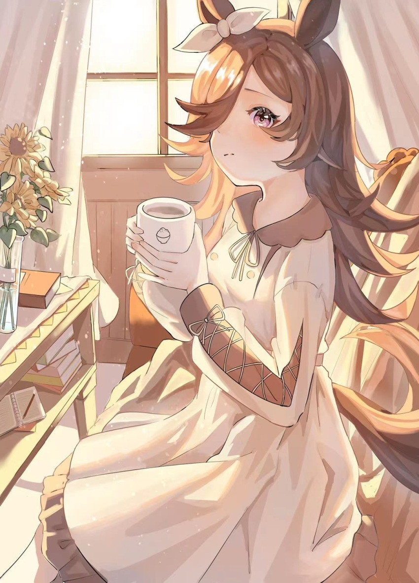1girl animal_ears backlighting brown_dress casual chinese_commentary closed_mouth commentary cup curtains dress ear_ribbon flower frilled_dress frills from_side hair_over_one_eye highres holding holding_cup horse_ears horse_girl horse_tail indoors kiokpro long_hair long_sleeves looking_at_viewer making-of_available medium_dress ribbon rice_shower_(umamusume) sitting solo tail umamusume vase violet_eyes white_ribbon wind window yellow_flower