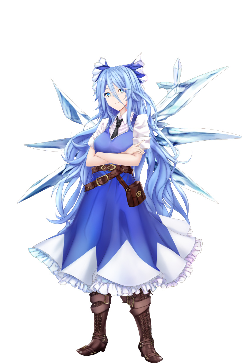 absurdres aged_up bag belt black_necktie blue_bow blue_dress blue_eyes blue_hair boots bow breasts brown_footwear cirno closed_mouth collared_shirt crossed_arms dress full_body glasses hair_bow high_heel_boots high_heels highres ice ice_wings long_dress medium_breasts necktie pinafore_dress shirt short_hair smile standing tachi-e tk31 touhou transparent_background white_shirt wings