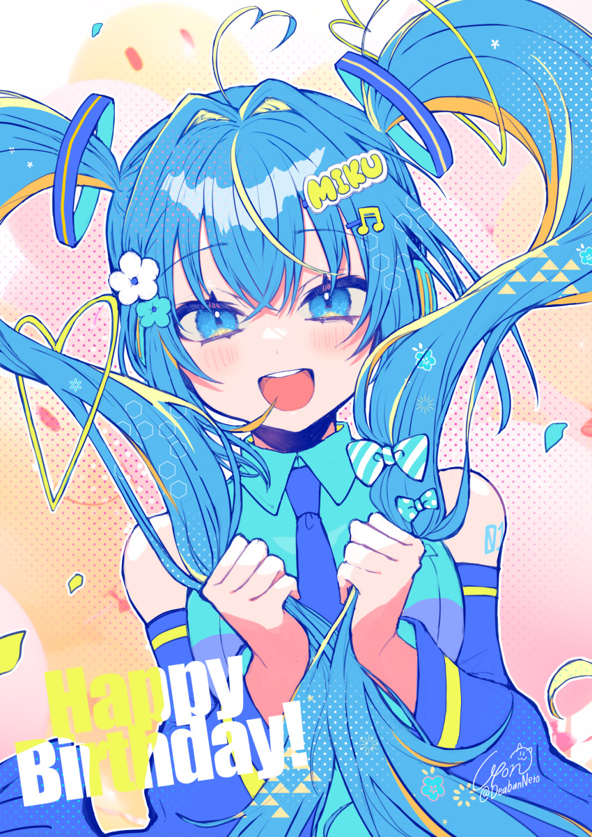 1girl :d ahoge bangs blue_bow blue_eyes blue_flower blue_hair blue_shirt blue_sleeves bow character_name collared_shirt detached_sleeves floating_hair flower hair_between_eyes hair_bow hair_flower hair_intakes hair_ornament happy_birthday hatsune_miku heart heart_ahoge highres holding holding_hair long_hair long_sleeves looking_at_viewer musical_note musical_note_hair_ornament open_mouth polka_dot polka_dot_bow shiny shiny_hair shirt signature sleeveless sleeveless_shirt smile solo striped striped_bow twintails twitter_username upper_body very_long_hair vocaloid white_flower wing_collar yamigirikuroko