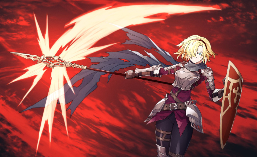 1girl armor bangs belt belt_buckle black_hairband black_thighhighs blonde_hair blue_eyes boots bracer breastplate brown_belt brown_gloves buckle cocopeace energy_weapon full_body future_princess gloves guardian_tales hair_over_one_eye hairband highres holding holding_scythe holding_shield holding_staff holding_weapon looking_at_viewer multicolored_clothes multiple_belts plate_armor red_shirt scarf scythe shield shirt short_hair shoulder_armor solo staff thigh-highs torn_scarf transparent_background weapon