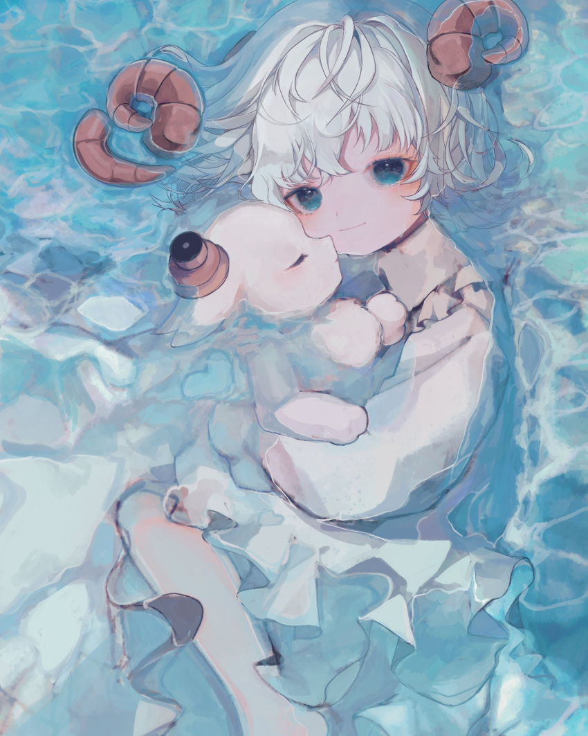 1girl 1other blue_eyes broken_horn closed_eyes commentary_request creature crying crying_with_eyes_open curled_horns dress frilled_shirt_collar frills highres horns hug light_smile lying medium_hair mercure_1104 original partially_submerged tears water wavy_hair white_dress white_hair