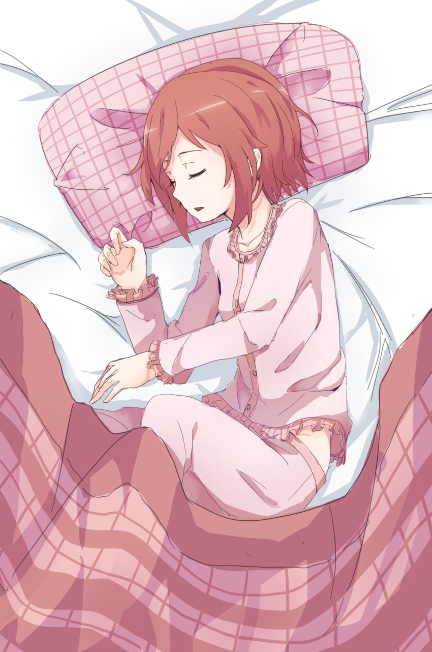 1girl absurdres bangs bed_sheet breasts brown_hair closed_eyes frilled_shirt frilled_sleeves frills highres long_sleeves lying on_side pajamas pants parted_lips pillow pink_pajamas pink_pants pink_shirt shirt sleeping small_breasts solo xuu_shi_times yuuki_yuuna yuuki_yuuna_wa_yuusha_de_aru yuusha_de_aru