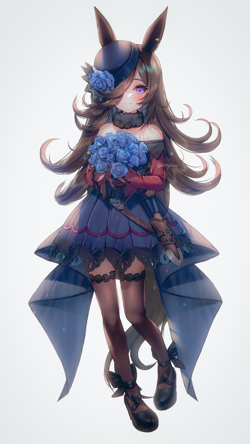 1girl animal_ears bare_shoulders black_footwear black_hair blue_dress blue_flower blue_headwear blue_rose bouquet bow brown_pantyhose commentary dagger dress dress_bow flower full_body fur_collar hair_over_one_eye hanato_(seonoaiko) hat hat_flower highres holding holding_bouquet horse_ears horse_girl knife long_hair looking_at_viewer off-shoulder_dress off_shoulder pantyhose rice_shower_(umamusume) rose scabbard sheath sheathed short_dress simple_background smile solo symbol-only_commentary thigh-highs tilted_headwear umamusume violet_eyes weapon white_background