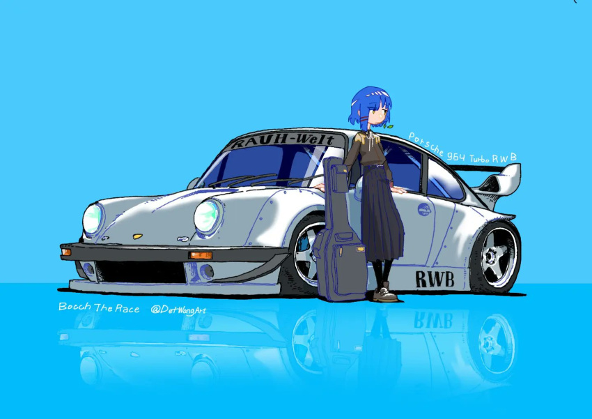 1girl artist_name bangs blue_background blue_hair bocchi_the_rock! car d._wang grass ground_vehicle guitar_case hair_ornament instrument_case leaning_against_vehicle leaning_on_object long_skirt looking_to_the_side mole mole_under_eye motor_vehicle neck_ribbon pantyhose porsche reflection ribbon shirt shoes short_hair skirt sneakers yamada_ryou yellow_eyes