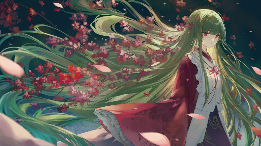 1girl akinomiya_asuka bangs blunt_bangs closed_mouth commentary_request flower frilled_sleeves frills green_hair highres japanese_clothes kimono long_hair mystical_power_plant original petals red_eyes red_flower red_kimono red_ribbon ribbon sleeves_past_fingers sleeves_past_wrists solo suitokuin_tenmu touhou very_long_hair