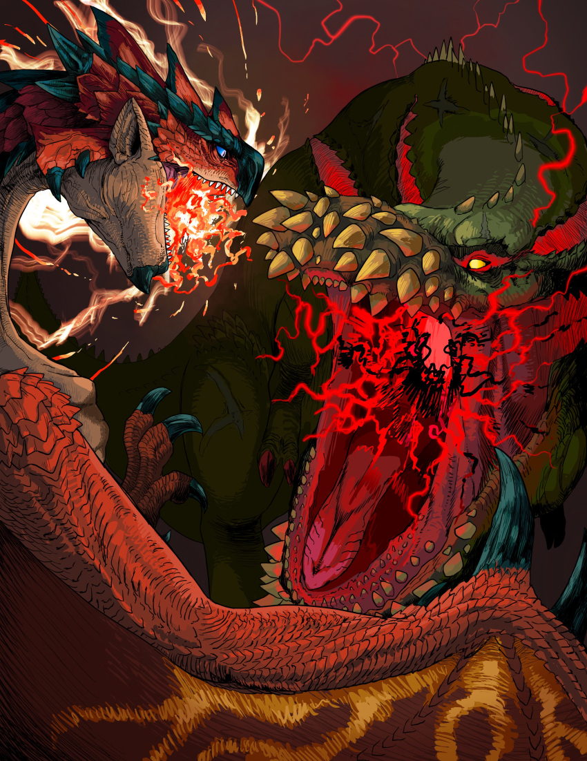 absurdres battle blue_eyes deviljho dragon energy fire highres horns monster monster_hunter_(series) no_humans open_mouth pekoson rathalos red_eyes sharp_teeth spikes tail teeth tongue wings wyvern yellow_eyes