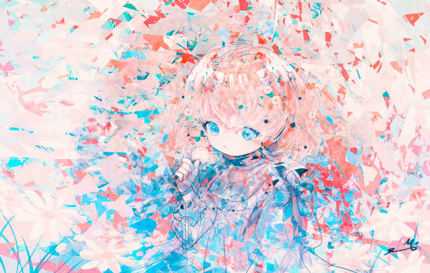 1girl abstract blue_eyes bow commentary_request dress flower frilled_shirt_collar frills hair_flower hair_ornament highres holding jewelry limited_palette medium_hair mercure_1104 necklace original parted_lips pink_hair ribbon upper_body wrist_ribbon