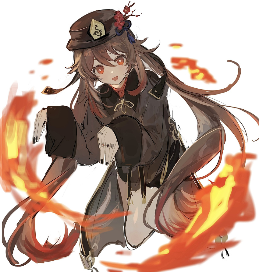 1girl absurdres bangs bare_legs black_nails black_shorts brown_hair chinese_clothes chinese_hat fingernails fire floating flower flower-shaped_pupils from_side full_body genshin_impact hair_between_eyes hair_over_shoulder hat hat_flower head_tilt highres hu_tao_(genshin_impact) jewelry legs_together long_hair looking_at_viewer multiple_rings nail_polish nokoru_sora open_mouth parted_bangs plum_blossoms red_eyes red_flower red_shirt ring shirt short_shorts shorts sidelocks simple_background sleeves_past_wrists smile solo star-shaped_pupils star_(symbol) symbol-shaped_pupils tassel thighs top_hat twintails very_long_hair very_long_sleeves white_background wide_sleeves