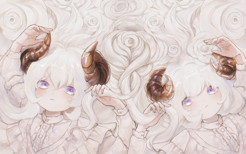 2girls blush commentary_request curled_horns dress flower highres holding holding_hair horns long_hair looking_at_another lying mercure_1104 multiple_girls on_back original parted_lips rose siblings sisters twins upper_body very_long_hair violet_eyes white_dress white_flower white_hair white_rose