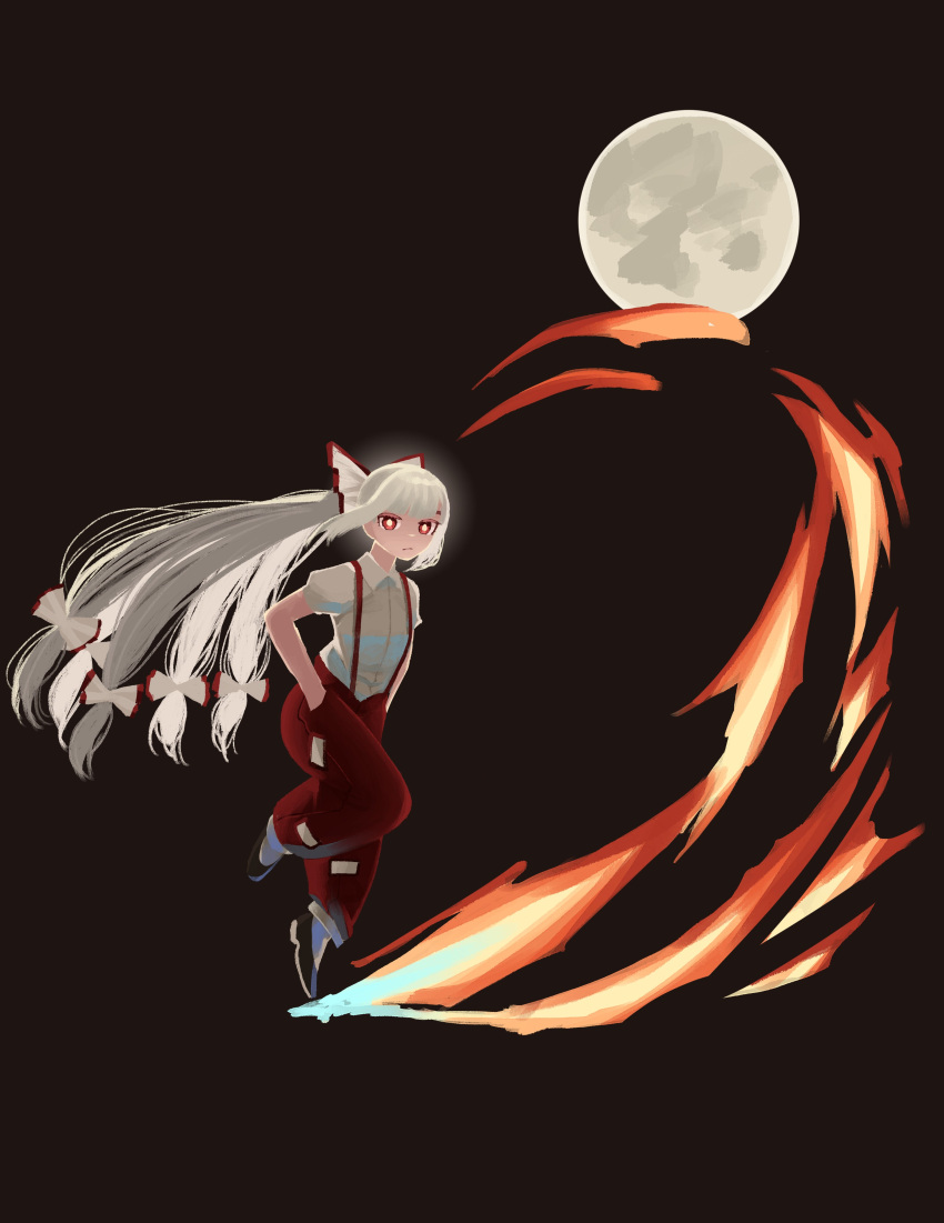 1girl absurdres baggy_pants black_background black_footwear bow collared_shirt fire from_side fujiwara_no_mokou full_body full_moon hair_bow hands_in_pockets highres long_hair looking_at_viewer moon pants ponytail profile red_eyes red_pants shirt shoes socks solo standing standing_on_one_leg suspenders sweet_reverie touhou very_long_hair white_bow white_hair white_shirt white_socks