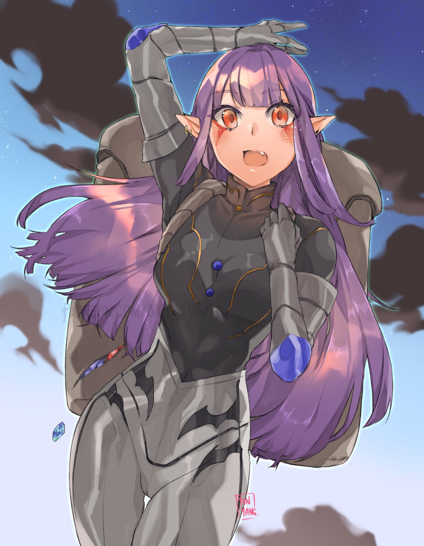 1girl armor backpack bag bangs blue_sky blunt_bangs earrings esil_radiru fang highres jewelry long_hair pointy_ears purple_hair red_eyes sidelocks sky solo_leveling thigh_gap yun-yang