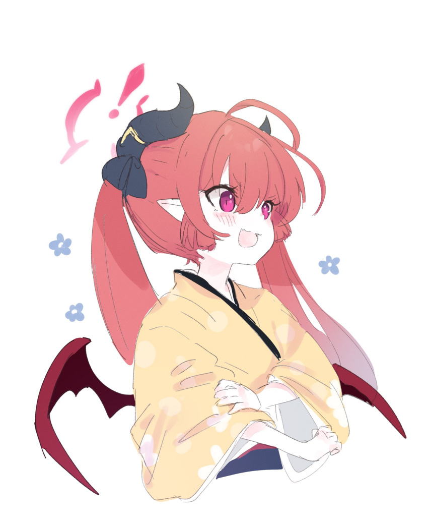 1girl blue_archive cropped_torso halo highres horns japanese_clothes junko_(blue_archive) junko_(new_year)_(blue_archive) kimono long_hair long_sleeves open_mouth pointy_ears red_wings redhead simple_background sk39z smile solo twintails upper_body violet_eyes white_background wide_sleeves wings yellow_kimono