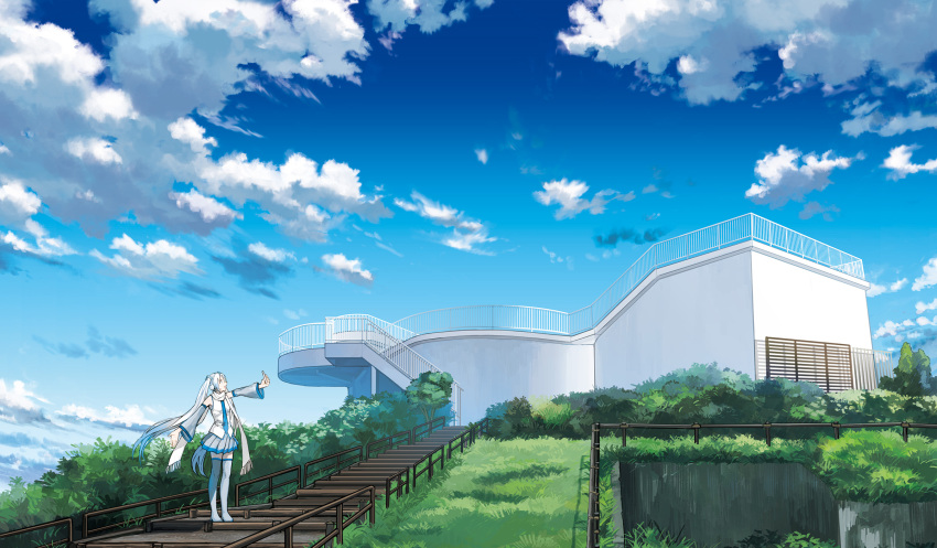 1girl amemura_(caramelo) bare_shoulders blue_eyes blue_hair blue_necktie blue_sky boots clouds day detached_sleeves earmuffs grass grey_skirt grey_sleeves grey_thighhighs hair_ornament handrail hatsune_miku headset highres hill hokkaido holding holding_phone light_blue_hair long_hair miniskirt necktie official_art open_mouth outdoors outstretched_arms phone pleated_skirt real_world_location scarf scenery second-party_source shirt skirt sky sleeveless sleeveless_shirt smile solo stairs standing taking_picture thigh-highs thigh_boots twintails very_long_hair very_wide_shot vocaloid white_scarf white_shirt yuki_miku yuki_miku_(2011)