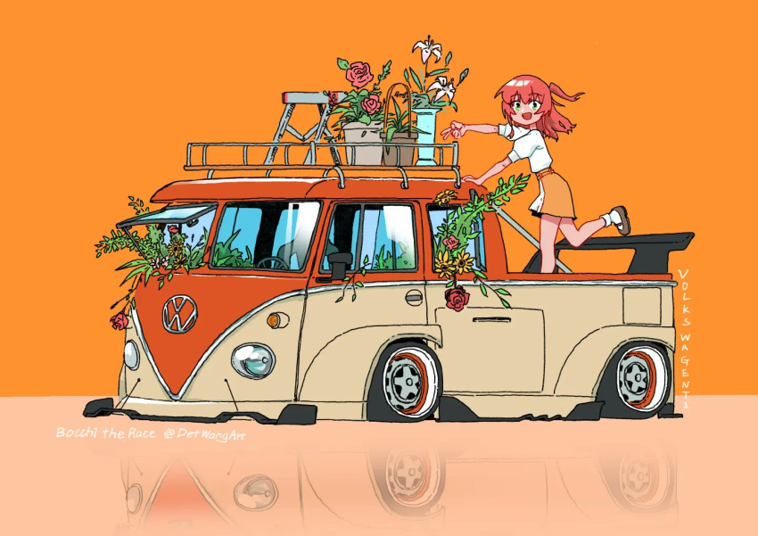 1girl artist_name bangs bocchi_the_rock! car d._wang flower flower_pot foliage ground_vehicle hair_between_eyes kita_ikuyo leg_up lily_(flower) long_hair looking_at_viewer mary_janes motor_vehicle one_side_up orange_background orange_skirt plant potted_plant redhead reflection rose shirt shirt_tucked_in shoes short_sleeves skirt socks standing standing_on_one_leg sunflower v volkswagen volkswagen_type_2 white_shirt white_socks yellow_eyes