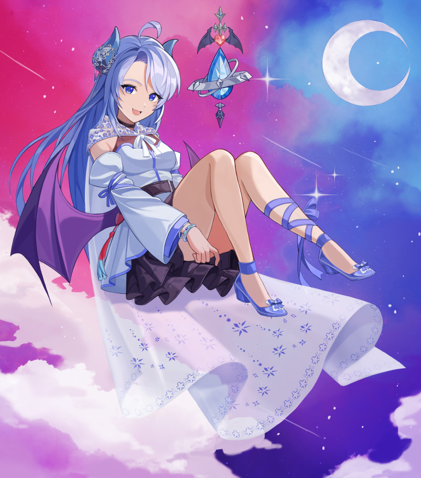 1girl :d absurdres bangs belt belt_buckle black_belt black_skirt blue_eyes blue_footwear bow breasts buckle commission crescent_moon detached_sleeves dress grey_hair high_heels highres horns knees_up looking_at_viewer low_wings medium_breasts moon naeng_chim original pleated_skirt purple_wings shoes skirt smile solo swept_bangs white_bow white_dress white_sleeves wide_sleeves wings