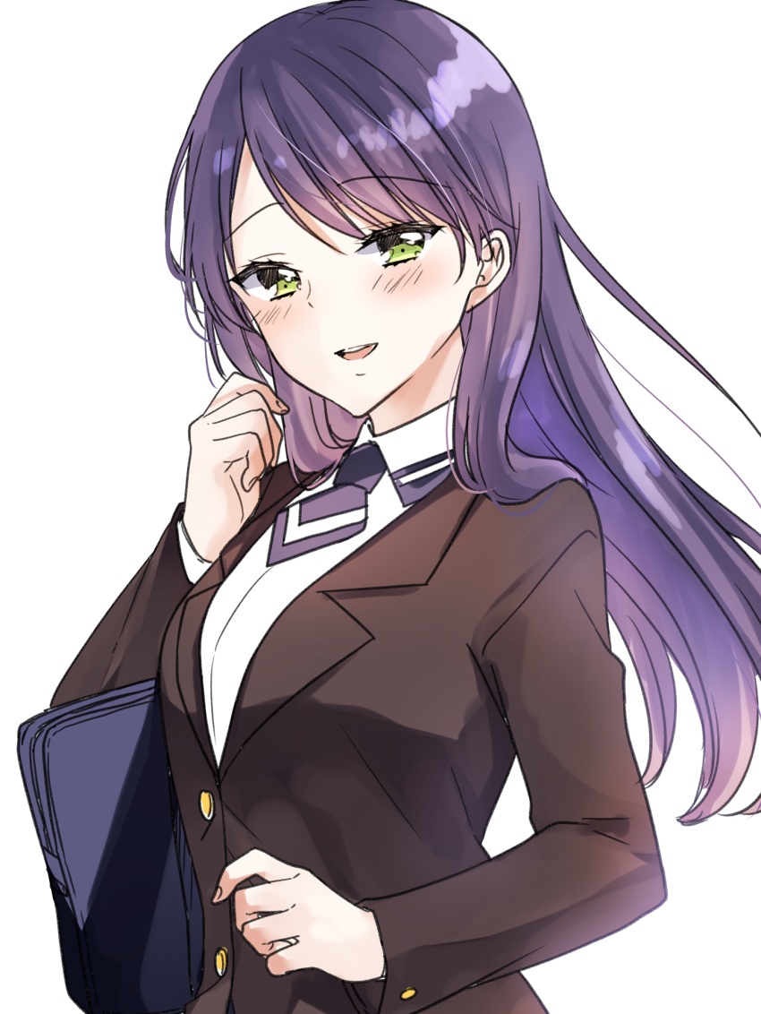 :d bag bangs blush breasts brown_jacket collared_shirt commentary_request dress_shirt green_eyes hand_up highres ice_cream_kanojo jacket kawai_miruku kuune_rin long_hair long_sleeves looking_at_viewer medium_breasts parted_bangs purple_hair school_bag shirt simple_background smile solo upper_body white_background white_shirt
