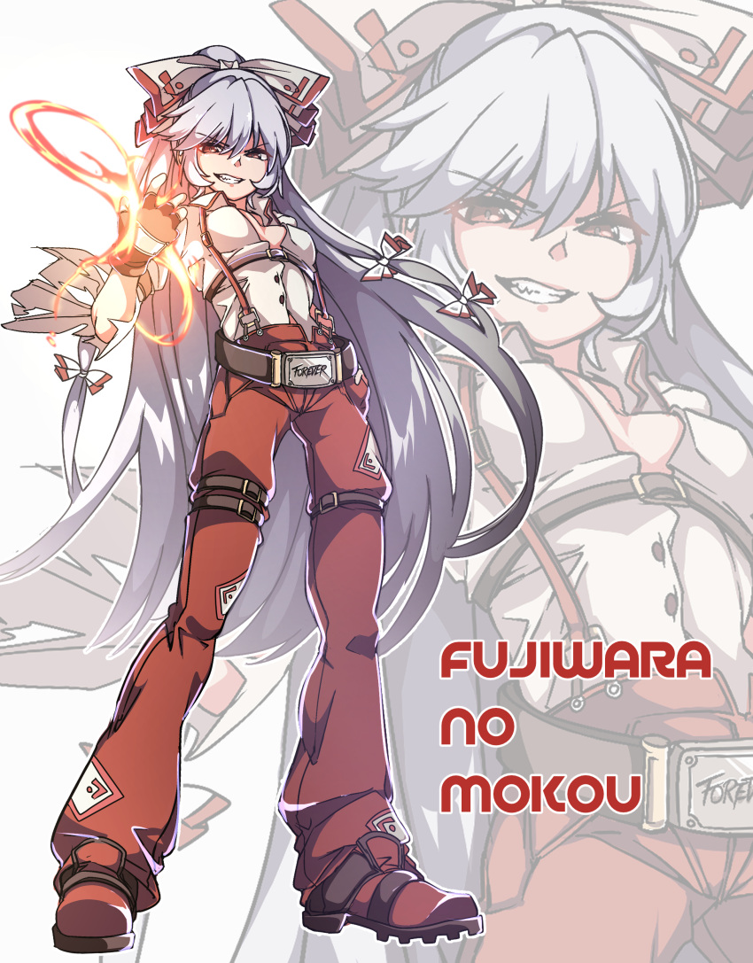 1girl absurdres bangs belt bow breasts character_name chest_belt clenched_teeth fingerless_gloves fire fujiwara_no_mokou full_body gloves gokuu_(acoloredpencil) grey_hair hair_bow highres long_hair long_sleeves looking_at_viewer medium_breasts ofuda ofuda_on_clothes pants pyrokinesis red_eyes red_pants shirt solo suspenders teeth touhou white_shirt