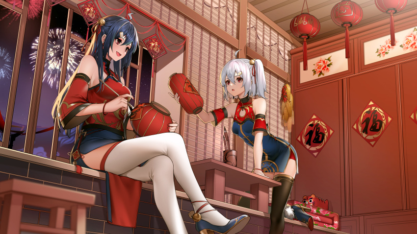 2girls :d :o absurdres ahoge ankle_bell anklet bare_shoulders bell bili_girl_22 bili_girl_33 bilibili black_thighhighs blue_dress blue_footwear blue_hair bracelet breasts calligraphy_brush chest_cutout china_dress chinese_clothes chinese_knot chinese_new_year chinese_zodiac corn crossed_legs detached_sleeves dress fireworks foot_out_of_frame freeze_(867139) hair_bell hair_ornament hair_ribbon hand_on_table high_heels highres holding holding_brush holding_lantern indoors jewelry lantern lightning_ahoge long_hair looking_at_another multiple_girls night night_sky official_art one_knee paintbrush pelvic_curtain red_dress red_eyes red_ribbon ribbon short_hair short_sleeves side_ponytail sideboob sitting sky smile stuffed_animal stuffed_tiger stuffed_toy thigh-highs two-tone_dress white_hair white_thighhighs year_of_the_tiger