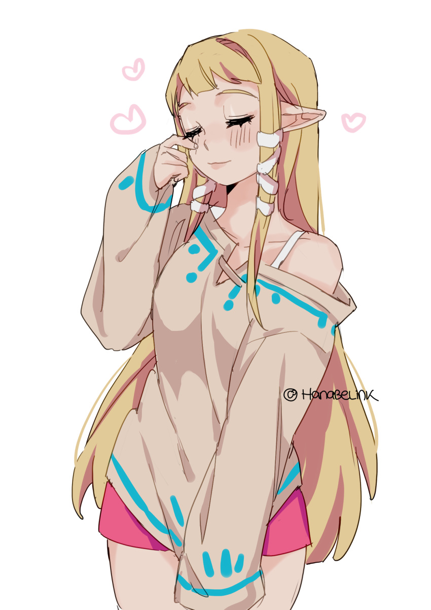 1girl bangs blonde_hair blush breasts brown_sweater closed_mouth hair_ribbon hanabelink hand_up heart highres large_breasts long_hair off_shoulder pink_shorts pointy_ears princess_zelda ribbon shorts single_bare_shoulder smile solo sweater the_legend_of_zelda the_legend_of_zelda:_skyward_sword tress_ribbon