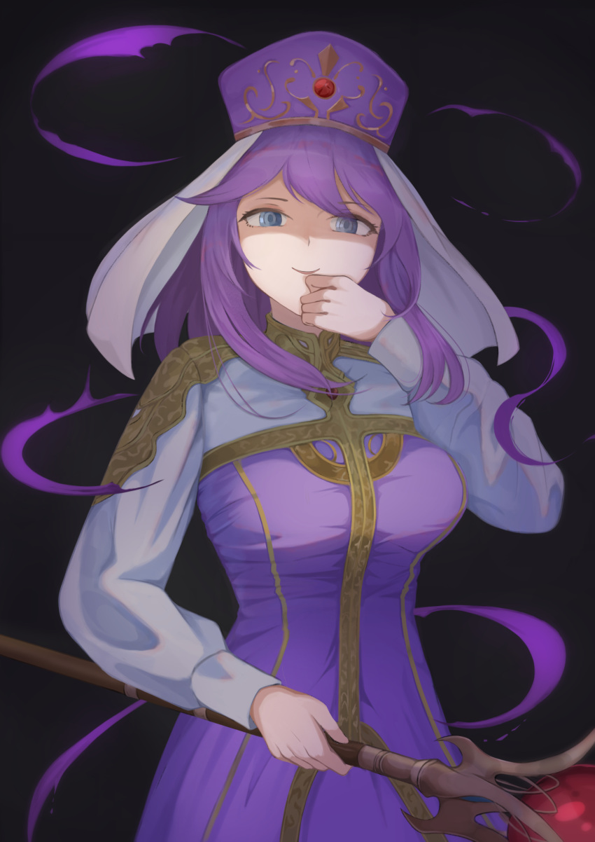 1girl akacolor black_background blue_eyes breasts cowboy_shot dress eremiya evil_smile fire_emblem fire_emblem:_new_mystery_of_the_emblem hand_on_own_chin hat highres holding holding_staff large_breasts long_hair long_sleeves looking_at_viewer purple_dress purple_hair simple_background smile solo staff white_veil