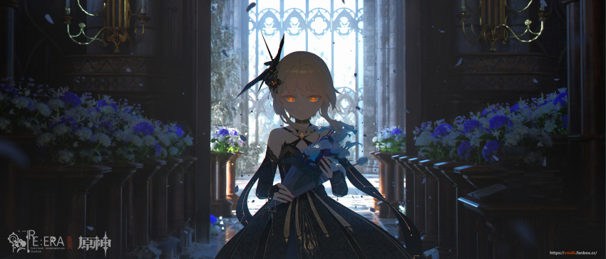 1girl absurdres artist_name bangs bare_shoulders black_dress blonde_hair blue_flower bouquet bridal_gauntlets chandelier closed_mouth commentary_request criss-cross_halter dark dress flower flower_pot genshin_impact hair_ornament halterneck highres holding holding_bouquet indoors looking_at_viewer lumine_(genshin_impact) orange_eyes pink_nails scenery short_hair_with_long_locks sidelocks solo void_0 watermark white_flower wide_shot