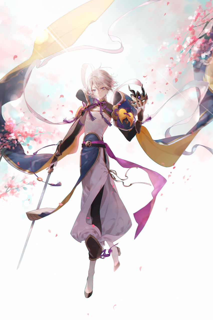 1boy bangs bishounen blue_eyes branch chinese_clothes closed_mouth detached_sleeves expressionless eye_mask eyokiki falling_petals fate/grand_order fate_(series) flower gold_trim hair_between_eyes highres holding holding_mask holding_sword holding_weapon horned_mask long_sleeves looking_at_viewer magatama male_focus mask mask_removed petals pink_flower prince_of_lan_ling_(fate) solo sword tassel weapon