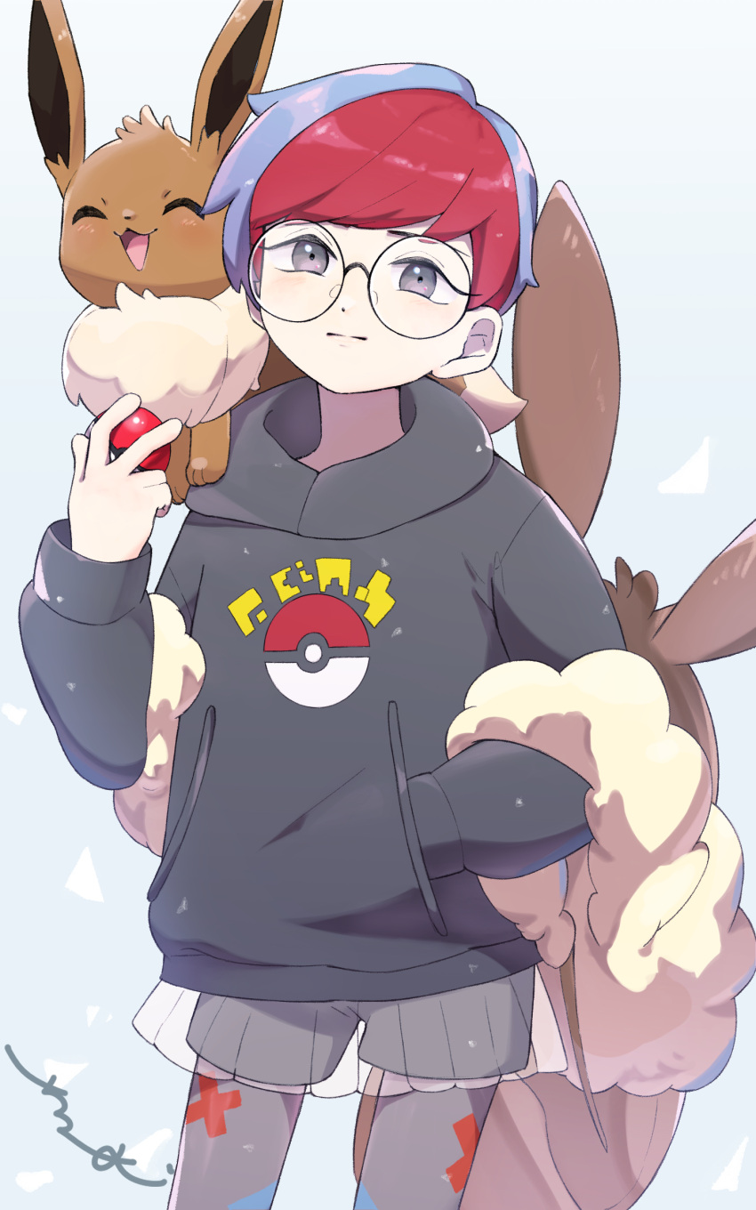 1girl absurdres backpack bag bangs blue_hair brown_bag closed_mouth commentary_request eevee glasses grey_eyes hand_in_pocket hand_up highres holding holding_poke_ball hood hoodie looking_at_viewer multicolored_hair on_shoulder pantyhose penny_(pokemon) poke_ball poke_ball_(basic) poke_ball_print pokemon pokemon_(creature) pokemon_(game) pokemon_on_shoulder pokemon_sv redhead round_eyewear see-through see-through_skirt shorts shorts_under_skirt skirt surumeika_(ninfiiiir) two-tone_hair