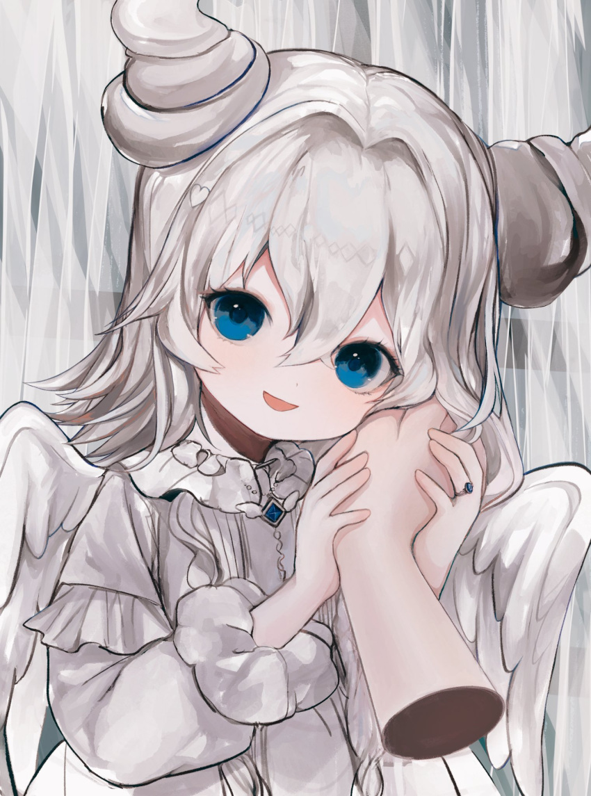1girl 1other angel_wings blue_eyes brooch commentary disembodied_limb dress feathered_wings grey_dress grey_hair hair_between_eyes hand_grab hand_on_another's_cheek hand_on_another's_face heart highres horns jewelry looking_at_viewer medium_hair mercure_1104 open_mouth original smile solo_focus white_wings wings