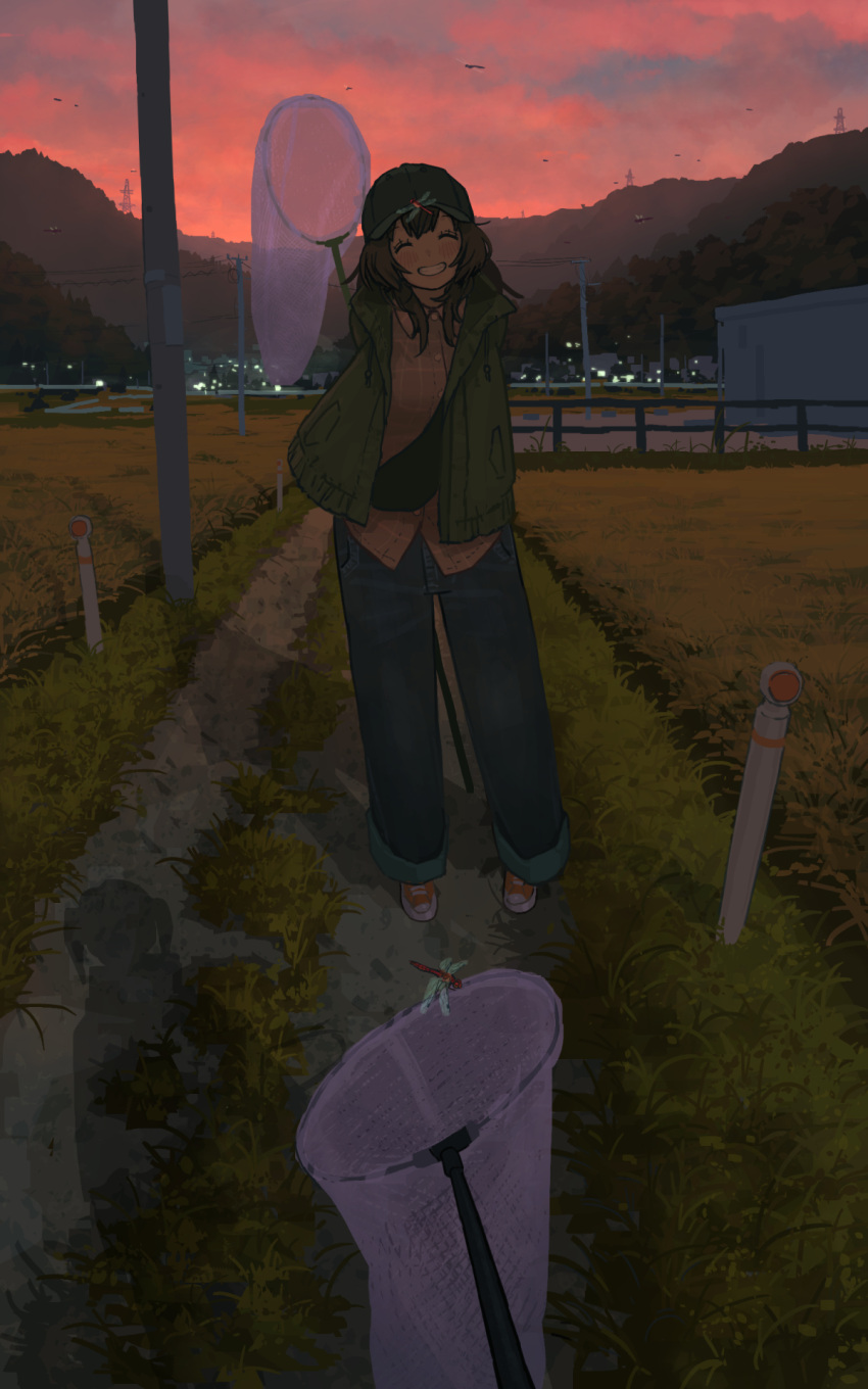 2girls baseball_cap brown_hair bug butterfly_net closed_eyes dragonfly evening field grass grin hand_net hat highres long_hair multiple_girls natsuno_kanasemi original out_of_frame outdoors pants pov rural scenery shadow smile standing sunset