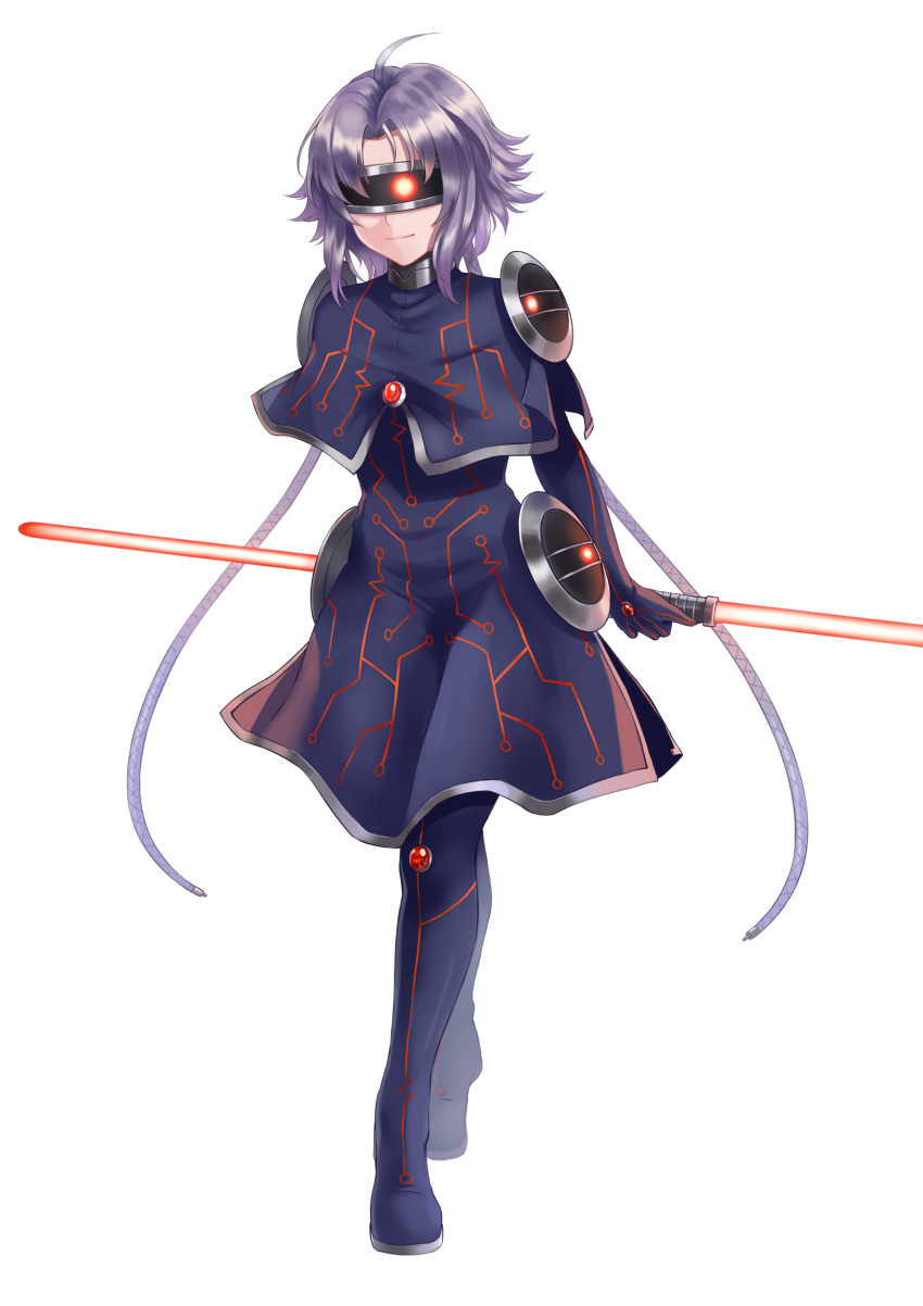1girl absurdres ahoge cable capelet circuit_board_print commentary_request commission crossed_legs cyborg dress full_body highres holding holding_lightsaber holding_weapon kanogawa_hiro looking_at_viewer mixed-language_commentary original purple_hair red_lightsaber short_hair smile solo standing watson_cross weapon weapon_behind_back white_background