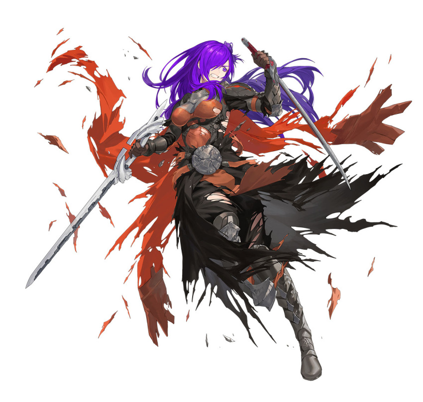 1girl armor bangs breastplate breasts choker dual_wielding fire_emblem fire_emblem:_three_houses fire_emblem_heroes fire_emblem_warriors:_three_hopes gloves hair_bun hair_over_one_eye holding holding_weapon long_hair looking_at_viewer non-web_source official_alternate_costume official_art purple_hair shez_(fire_emblem) shez_(fire_emblem)_(female) shoulder_armor simple_background single_hair_bun solo sword torn torn_clothes violet_eyes weapon