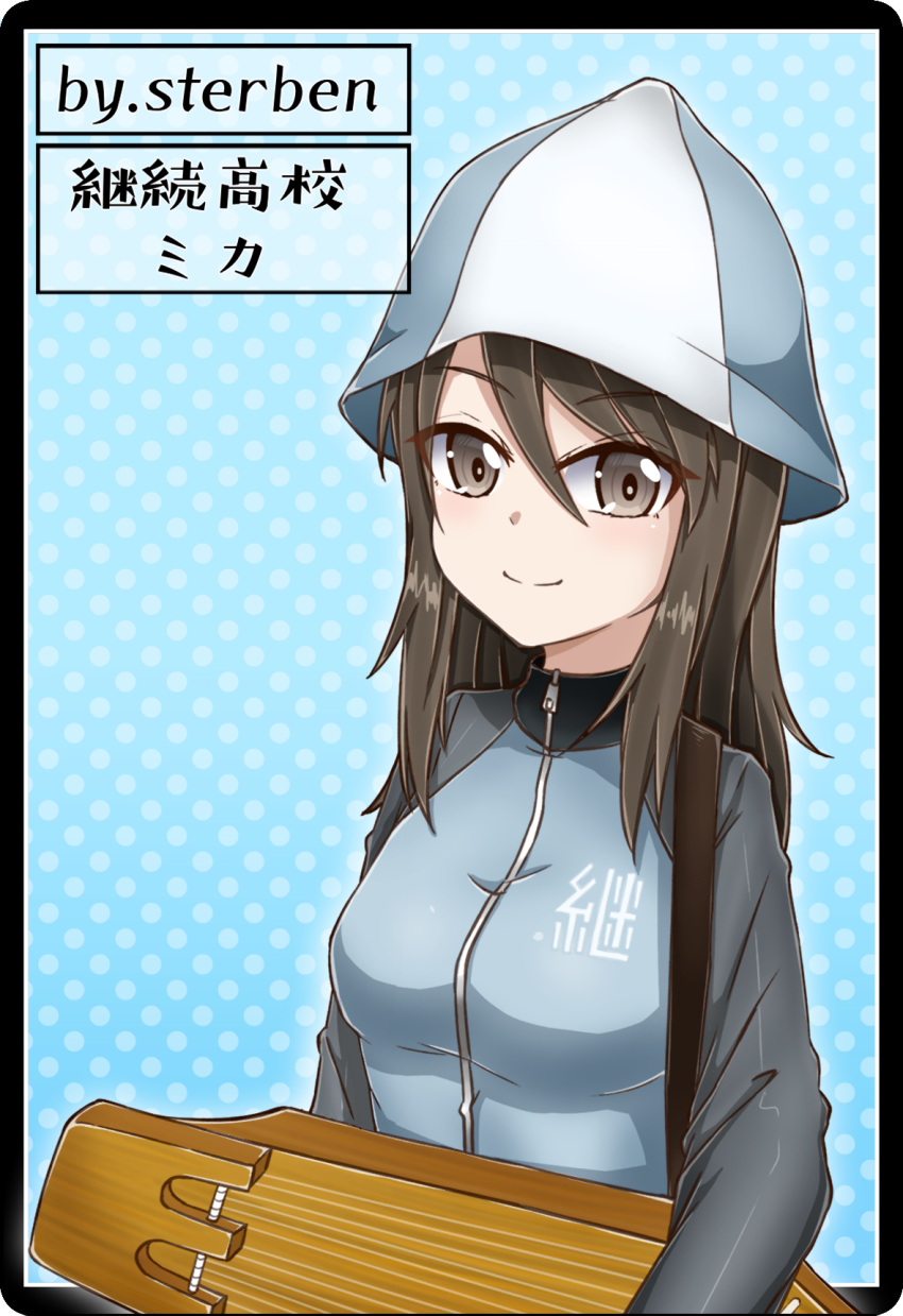 1girl artist_name bangs black_border blue_background blue_headwear blue_jacket border brown_eyes brown_hair character_name closed_mouth girls_und_panzer hat highres holding holding_instrument instrument jacket kantele keizoku_military_uniform long_hair long_sleeves looking_at_viewer mika_(girls_und_panzer) military military_uniform polka_dot polka_dot_background raglan_sleeves rounded_corners smile solo sterben_(sterben_dead) track_jacket translated tulip_hat uniform