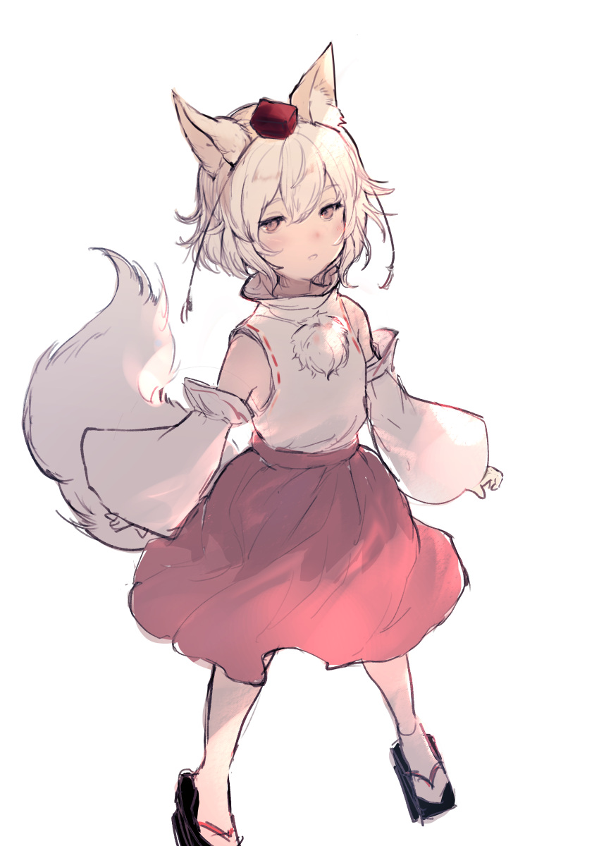 1girl absurdres animal_ears detached_sleeves from_above hair_between_eyes hat highres inubashiri_momiji jitome mabuji parted_lips red_eyes short_hair sketch skirt solo standing tail tokin_hat touhou white_background white_hair wolf_ears wolf_tail