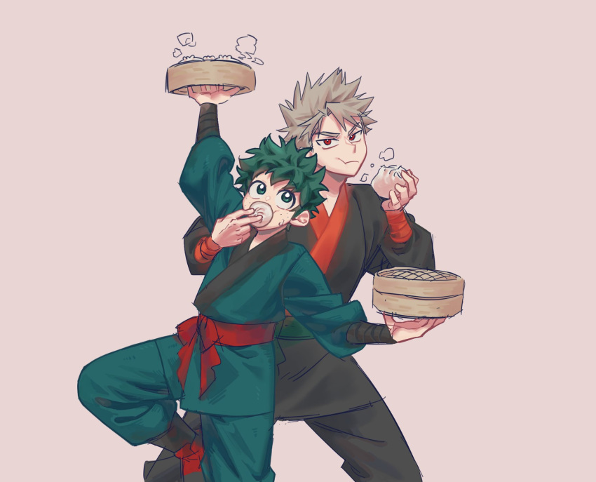 2boys adapted_costume alternate_costume arm_up bakugou_katsuki bamboo_steamer black_pants blonde_hair boku_no_hero_academia closed_mouth commentary_request dumpling eating food freckles green_eyes green_hair green_pants highres holding holding_food korean_commentary long_sleeves looking_at_viewer looking_up male_focus midoriya_izuku multiple_boys nimon pants pink_background red_eyes short_hair simple_background spiky_hair standing standing_on_one_leg steam