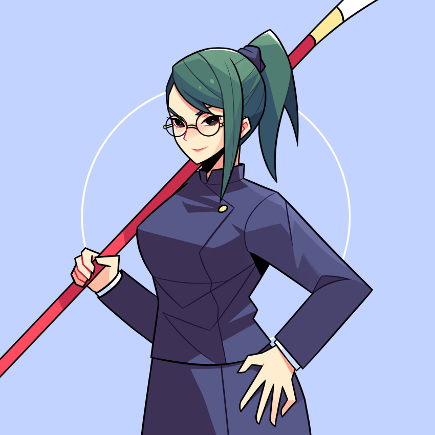 1girl absurdres bangs black_jacket blue_background glasses green_hair hand_on_hip highres holding holding_polearm holding_weapon jacket jujutsu_kaisen jujutsu_tech_uniform looking_at_viewer medium_hair polearm ponytail round_eyewear simple_background single_sidelock smile solo swept_bangs timtam weapon zen'in_maki