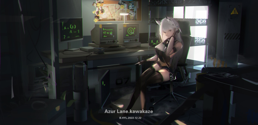 1girl absurdres alternate_breast_size alternate_costume azur_lane black_shirt black_thighhighs breasts character_name full_body hand_in_own_hair highres indoors kawakaze_(azur_lane) large_breasts long_hair monitor shirt sleeveless solo thigh-highs white_hair xuechu