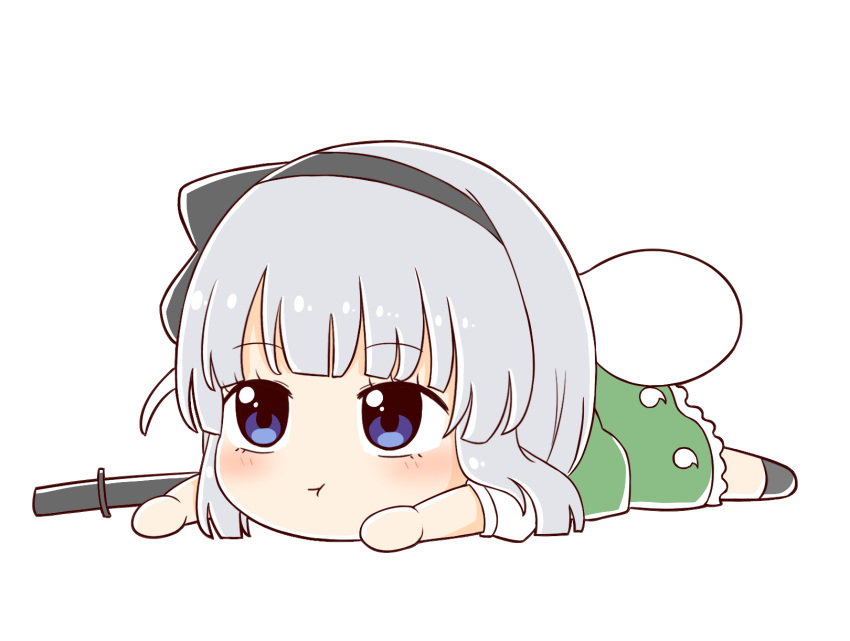 1girl :t bangs black_footwear black_hairband blue_eyes closed_mouth full_body ghost green_skirt hairband highres konpaku_youmu konpaku_youmu_(ghost) lying on_stomach rozugadena shirt short_hair simple_background skirt solo touhou white_background white_shirt