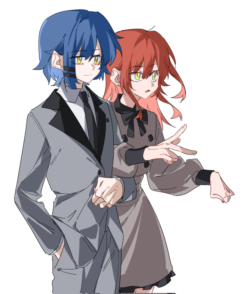 2girls :o bangs blue_hair bocchi_the_rock! bow bowtie buttons closed_mouth coat collar collared_jacket collared_shirt double-breasted ear_piercing formal frills grey_jacket grey_pants hair_ornament highres jacket kita_ikuyo locked_arms long_hair long_sleeves molu_stranger multiple_girls necktie open_mouth overcoat pants parted_lips piercing pointing puffy_long_sleeves puffy_sleeves redhead shirt short_hair sidelocks suit suit_jacket white_background yamada_ryou yellow_eyes