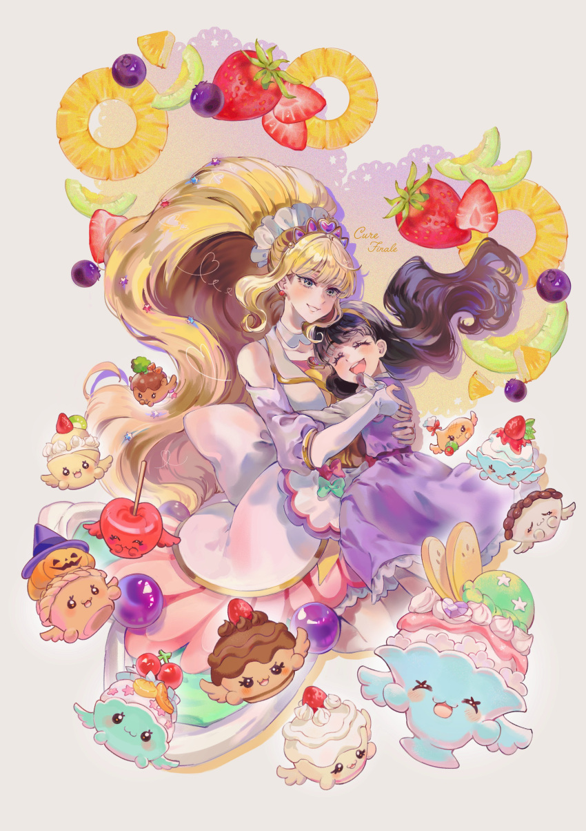 2girls absurdres apron bangs black_hair blonde_hair blue_eyes bridal_gauntlets choker closed_eyes cufi1124 cure_finale delicious_party_precure dual_persona earrings food fruit headband high_ponytail highres hug jewelry kasai_amane long_hair magical_girl multiple_girls precure recipipi smile strawberry white_choker wide_ponytail yellow_headband
