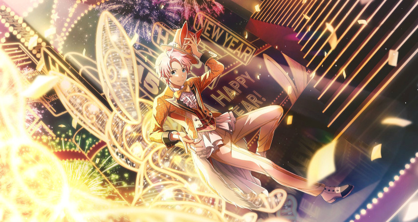 1boy ahoge blue_eyes bow bowtie fingernails hat highres idolmaster idolmaster_side-m idolmaster_side-m_growing_stars kabuto_daigo light long_sleeves looking_at_viewer male_focus official_art pants pink_hair rabbit_print shoes solo spotlight third-party_source top_hat white_pants yellow_bow yellow_bowtie