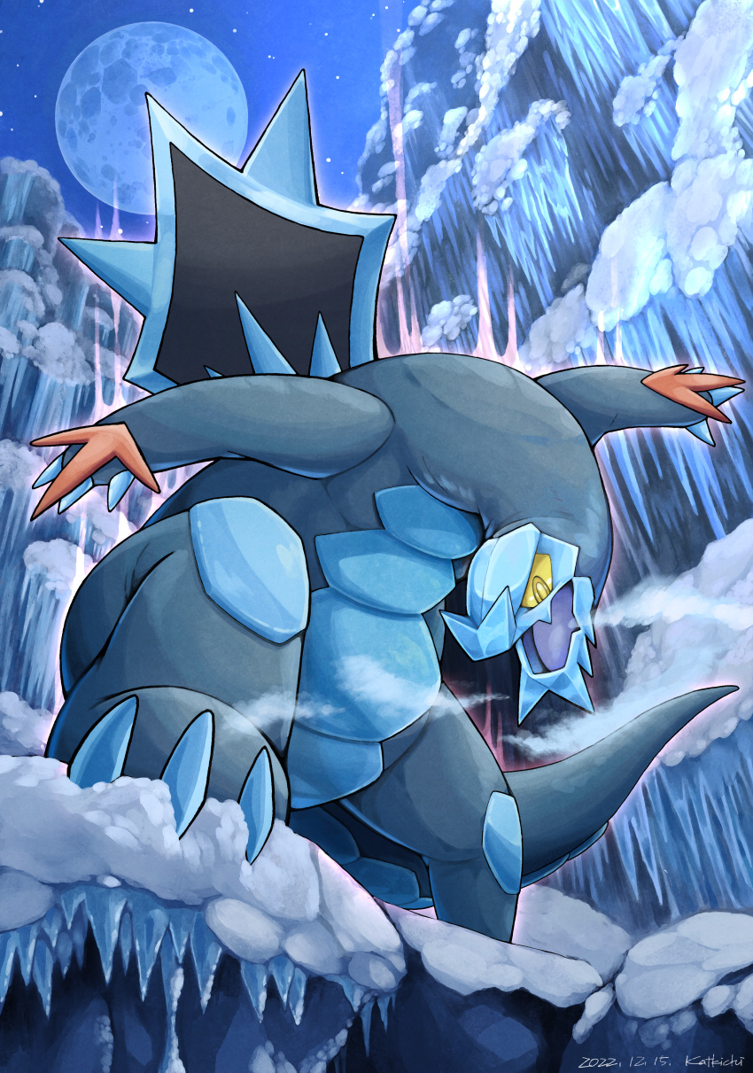absurdres baxcalibur blue_skin cave claws colored_skin dragon fangs full_moon highres ice icicle katkichi long_tail moon pokemon pokemon_(creature) pokemon_(game) pokemon_sv skin_fangs snow tail yellow_eyes