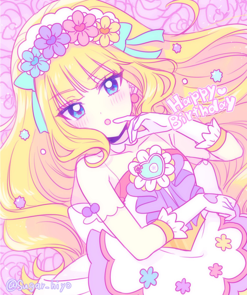 1girl apron bangs blonde_hair blue_eyes blunt_bangs blush bridal_veil brooch commentary cure_finale cure_finale_(party_up_style) delicious_party_precure earrings happy_birthday heart_brooch highres jewelry kasai_amane long_hair magical_girl open_mouth precure sidelocks solo sugar_hiyo veil wide_ponytail