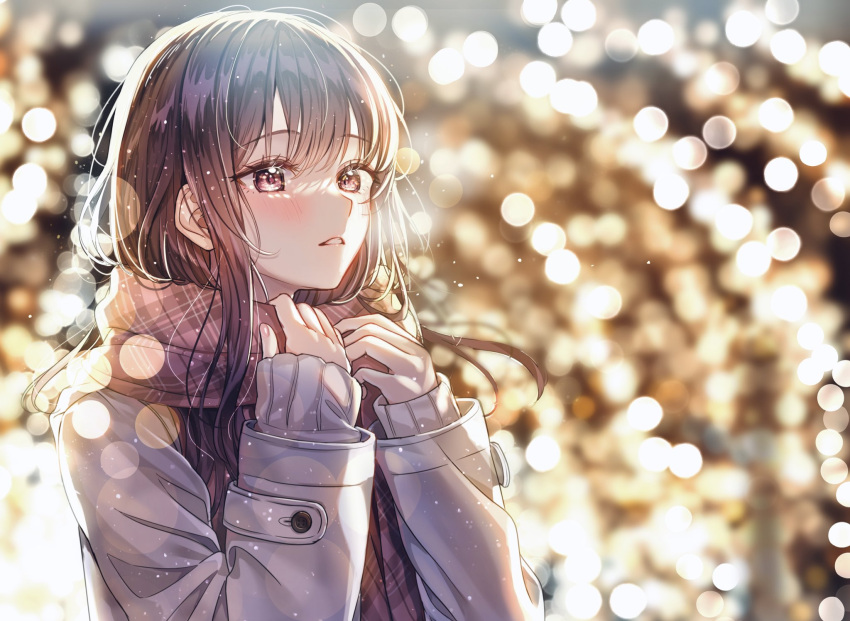 1girl bangs blurry blurry_background blush brown_hair coat english_commentary hair_over_shoulder hands_on_own_chest highres light light_particles long_hair long_sleeves looking_away night open_mouth original outdoors plaid plaid_scarf red_eyes red_scarf sakura_(39ra) scarf shiny shiny_hair sidelocks solo upper_body white_coat