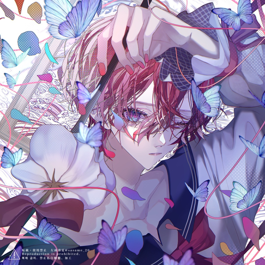 1boy bishounen blue_butterfly blue_eyes bug butterfly collarbone falling_petals flower hair_between_eyes highres long_sleeves looking_at_viewer male_focus multicolored_eyes one_eye_closed original petals puffy_sleeves redhead sailor_collar sailor_shirt sasame_20 shirt short_hair slit_pupils solo string string_of_fate violet_eyes