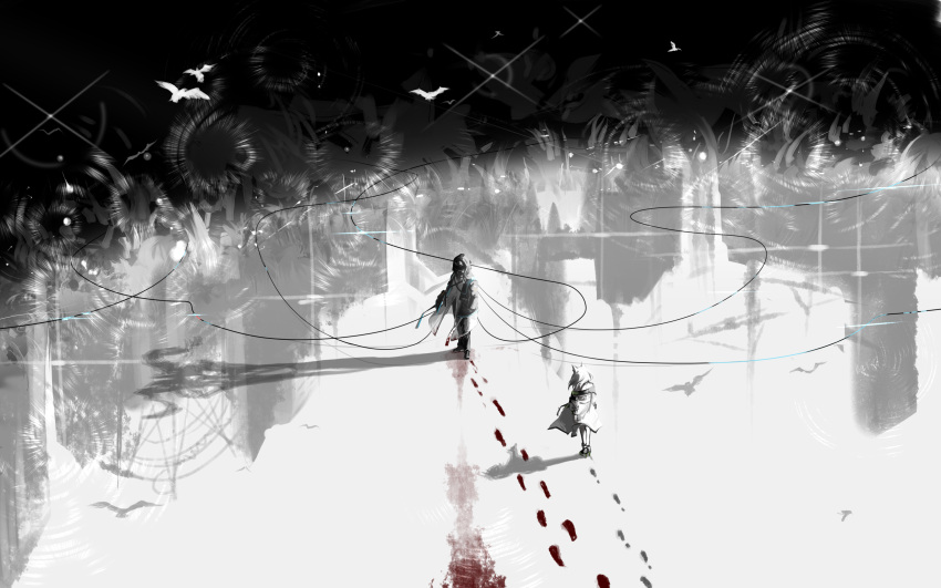 1girl 1other abstract_background absurdres animal_ears arknights bird black_coat black_footwear black_pants blood cat_ears coat doctor_(arknights) dongsheng dress facing_another footprints highres kal'tsit_(arknights) mask medium_hair pants shoes string white_dress white_hair wide_shot