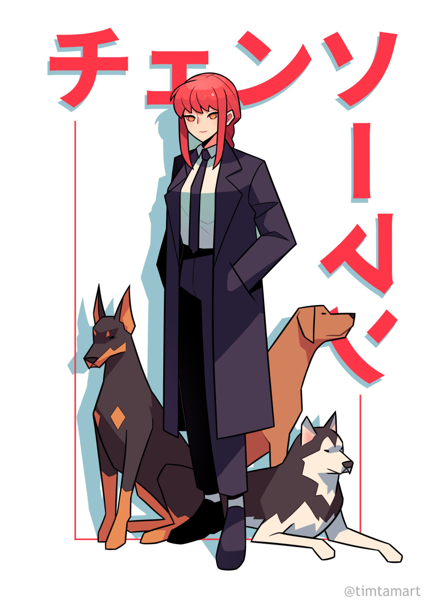 1girl 3others absurdres bangs black_coat black_necktie black_pants braid braided_ponytail chainsaw_man coat collared_shirt formal german_shepherd hands_in_pockets highres husky looking_at_viewer makima_(chainsaw_man) medium_hair multiple_others necktie pants redhead rhodesian_ridgeback shirt shirt_tucked_in sidelocks simple_background smile solo_focus standing suit timtam twitter_username white_background white_shirt